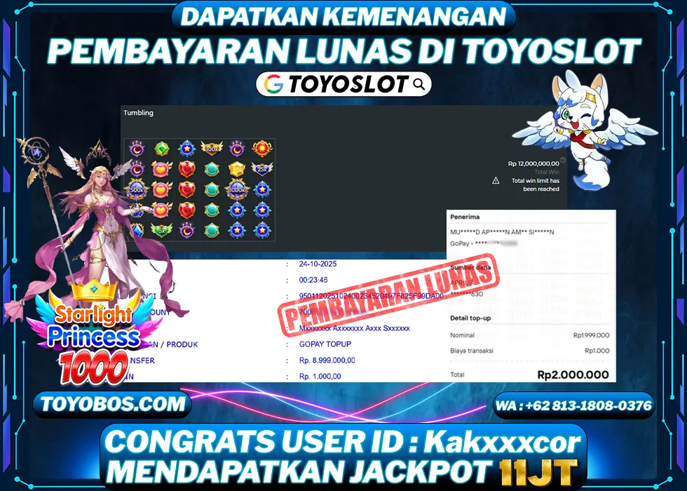 TOYOSLOT - BUKTI KEMENANGAN Starlight Princess 1000x Rp11,000,000,- LUNAS